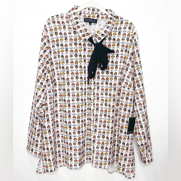 ELOQUII Printed Tie-Neck Women’s Face Diversity Button Front Blouse Size 26 - Picture 2 of 9